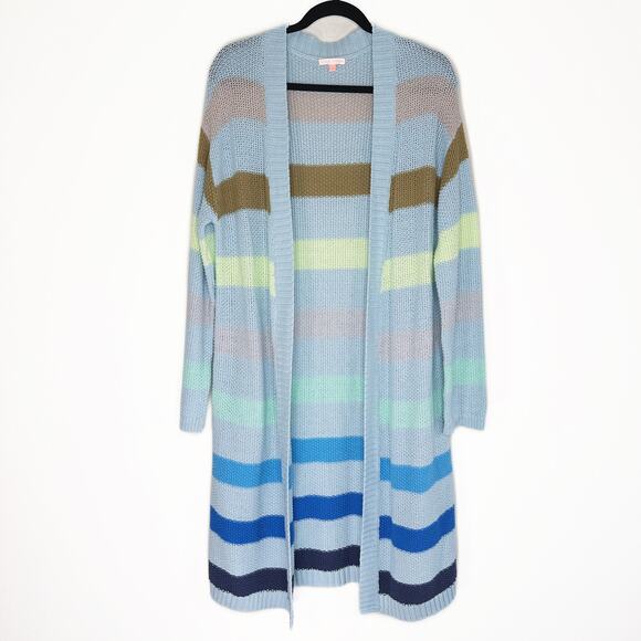 Lisa Todd Sand Sweeper Aqua Combo Striped Knit Long Open Cardigan Duster Sweater - Picture 3 of 11
